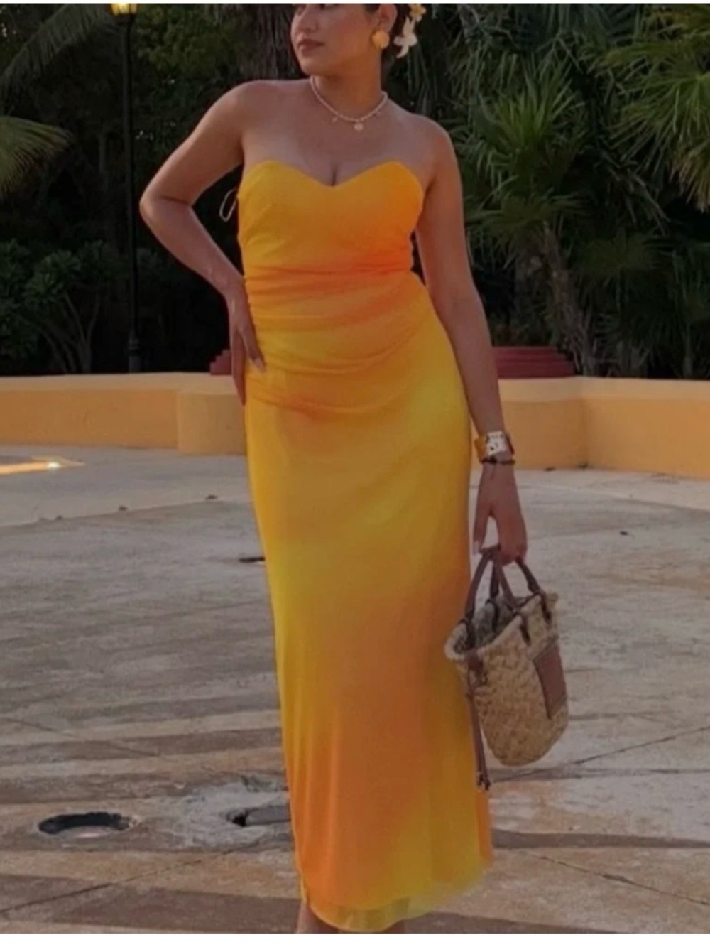 Zara Strapless Yellow-Orange Ombre Midi Dress
